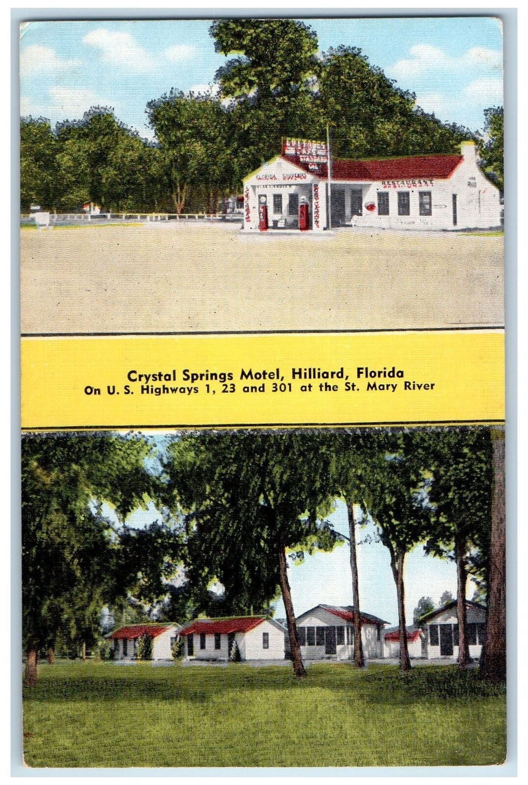 c1950 Crystal Spring Motel Restaurant Building View Hilliard Florida FL Postcard