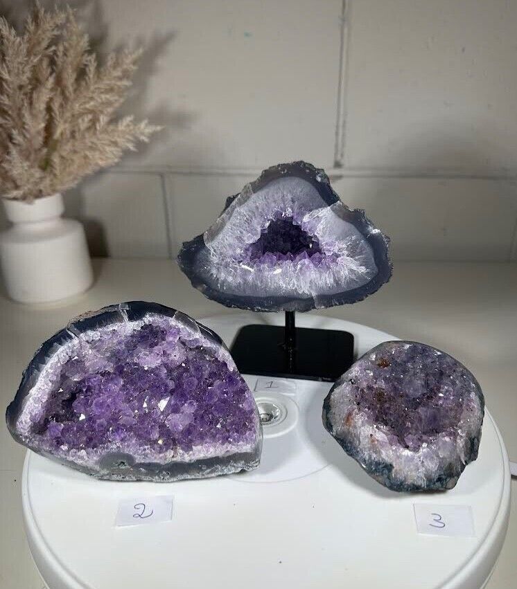 3.12 LB (3 Pieces)  AAA Amethyst Quartz Crystal Druzy on Stand  (A74)