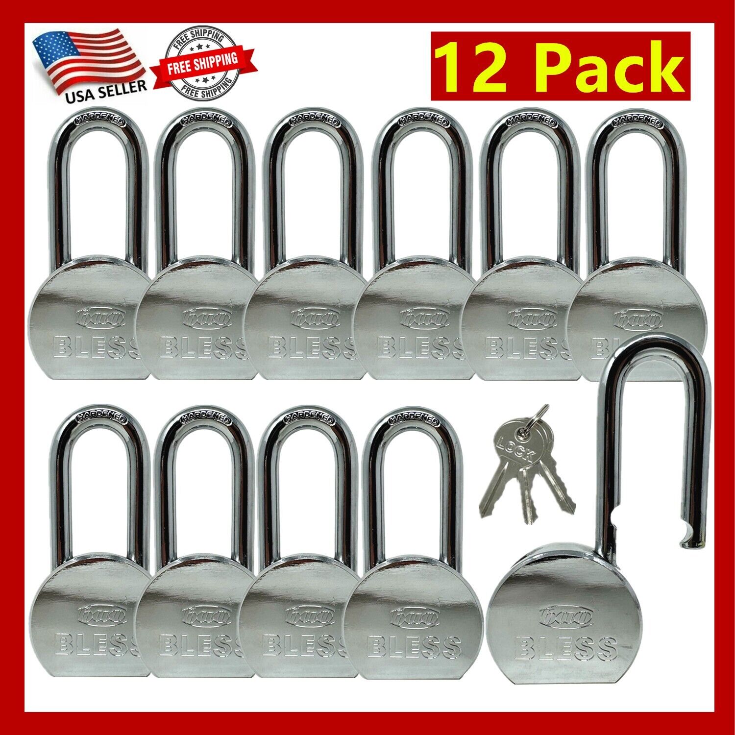 12 Pack Heavy Duty Long Master Lock Steel Maximum Protection Padlock with 3Keys