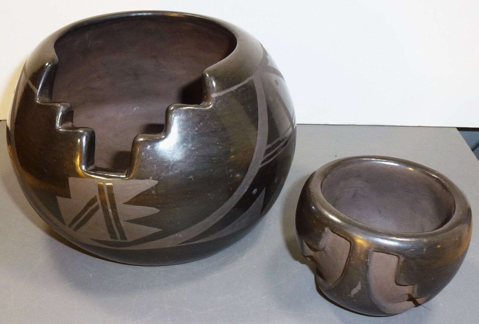 Two 2 Early Signed Santa Clara Pueblo Black Ware Pottery Bowls, Howard Naranjo ?