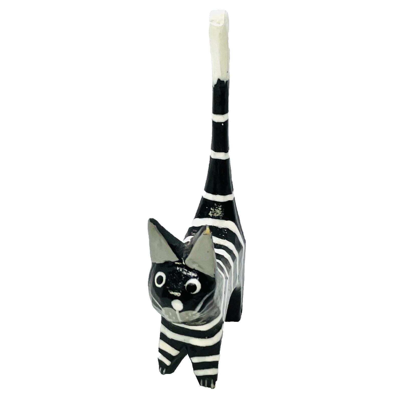 Bali Handmade Wooden Carved Cat Black, white stripes Indonesia 3in