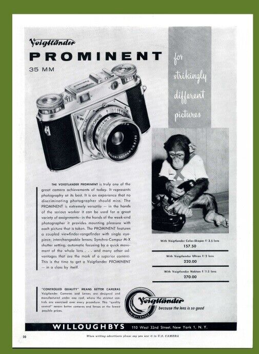 Voigtlander Prominent / Kern Switar for Alpa vintage 1955 Print Ad