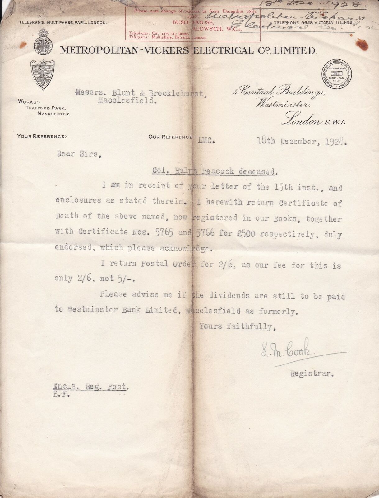 Metropolitan-Vickers Electrical Co. Limited 1928 Col. Deceased Letter Ref 39626
