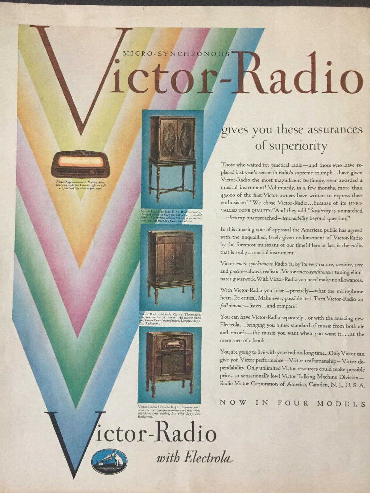 1930 Victor Radio with Electrola 3 Models Shown Vintage Advertisement 