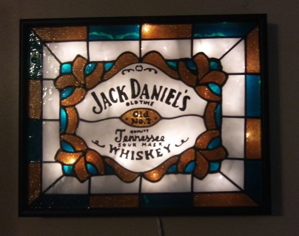 Jack Daniels  Inspired Bar Sign Stained Glass Look Lighted Hand Painted
