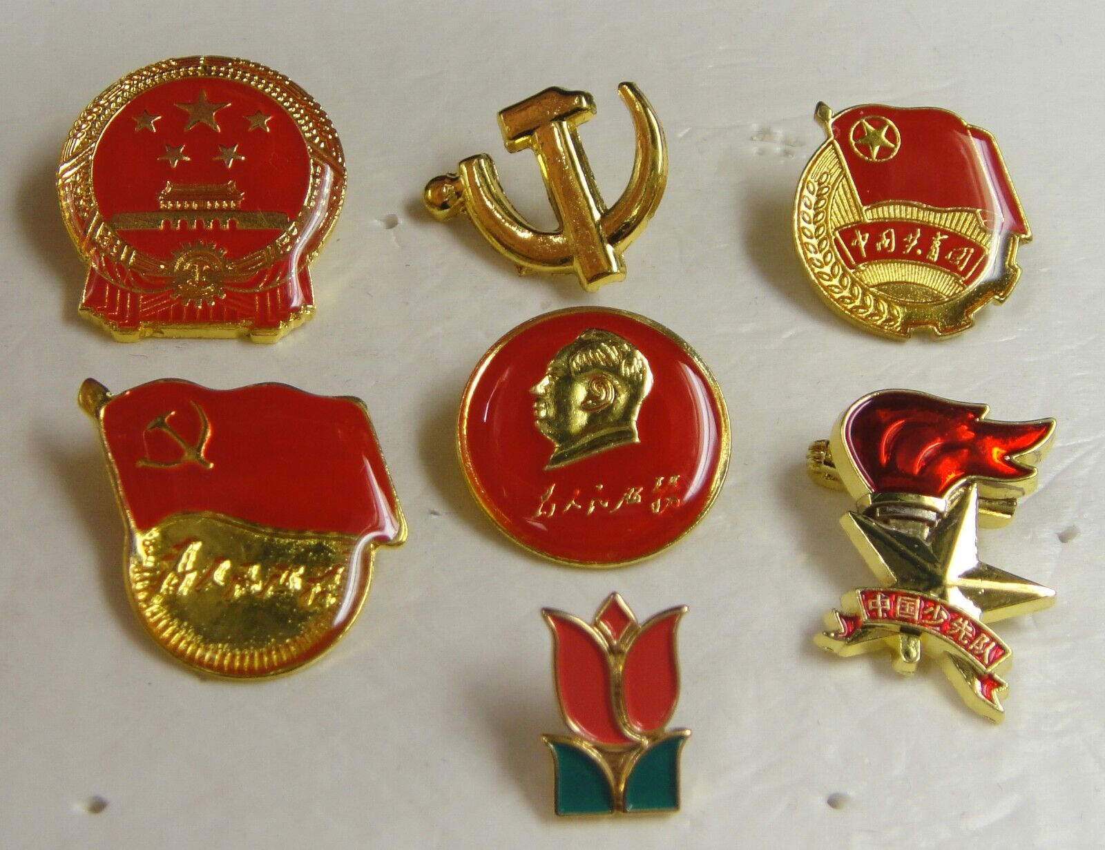 7 Pins China National/Party/Youth League/Young Pioneer Emblem, Mao Zedong, Tulip