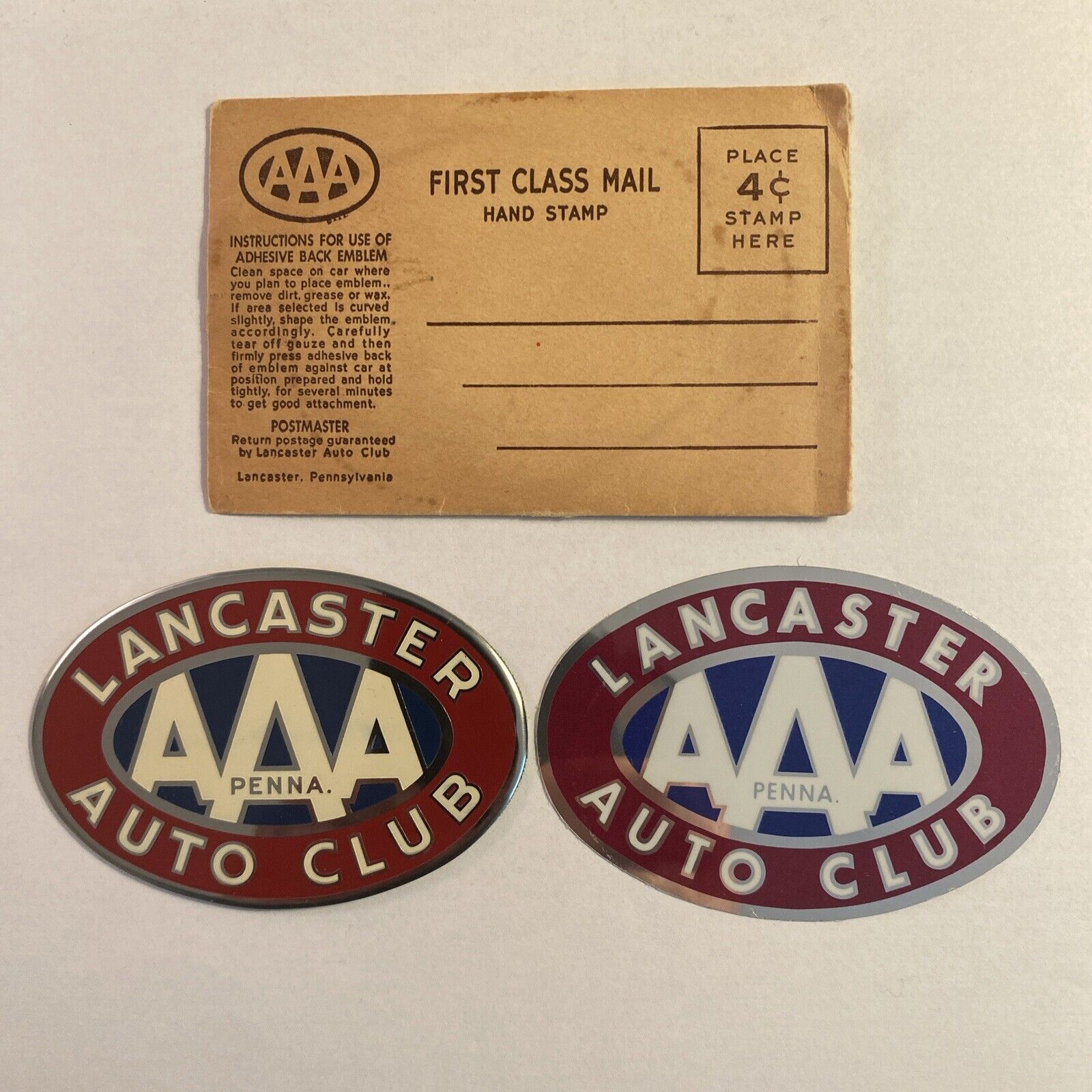 Vintage Lancaster PA AAA Auto Club Metal Car Emblem And Sticker With Envelope