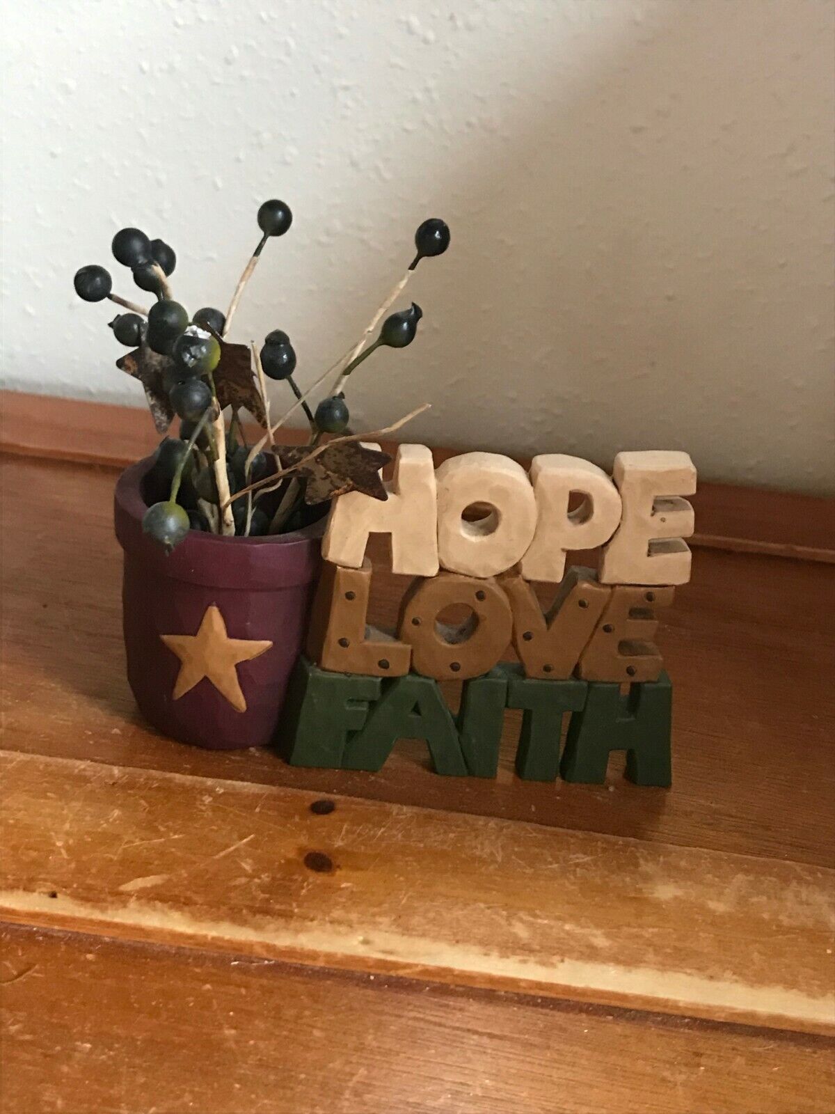 Estate HOPE LOVE FAITH w Mini Resin Flower Pot Resin Figurine  – 3 inches high x