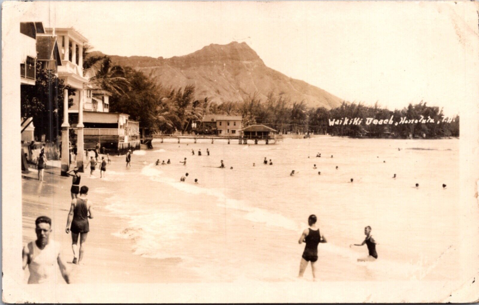 Real Photo Postcard People Playing in the Surf Waikiki Beach, Honolulu, Hawaii