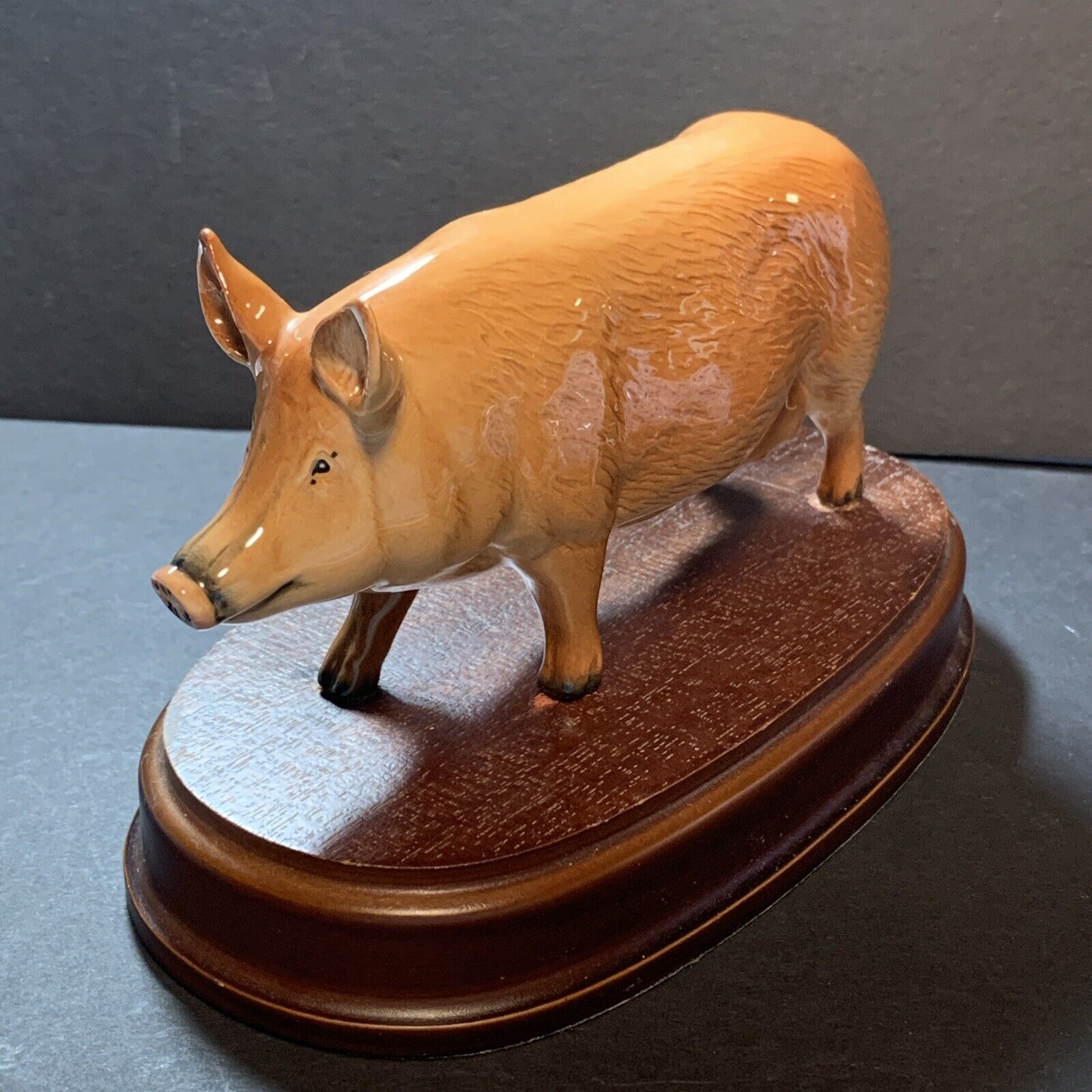 Sow Mama Pig Royal Doulton Ceramic Figurine On Wood Platform Caramel Brown Color