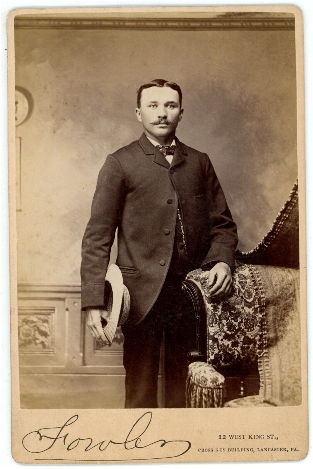 Antique c1880s ID\'d Cabinet Card Fowler Handsome Man Mustache Hat Lancaster, PA