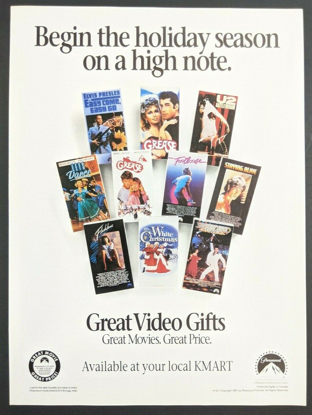 KMART VHS Video Gift Print Ad Poster Art PROMO Official Vintage Grease U2 Elvis