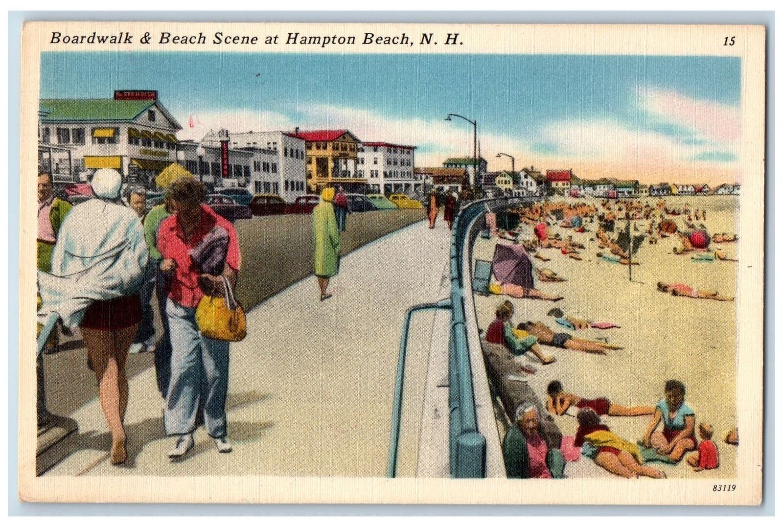 Hampton Beach New Hampshire NH Postcard Boardwalk And Beach Scene 1953 Cars View