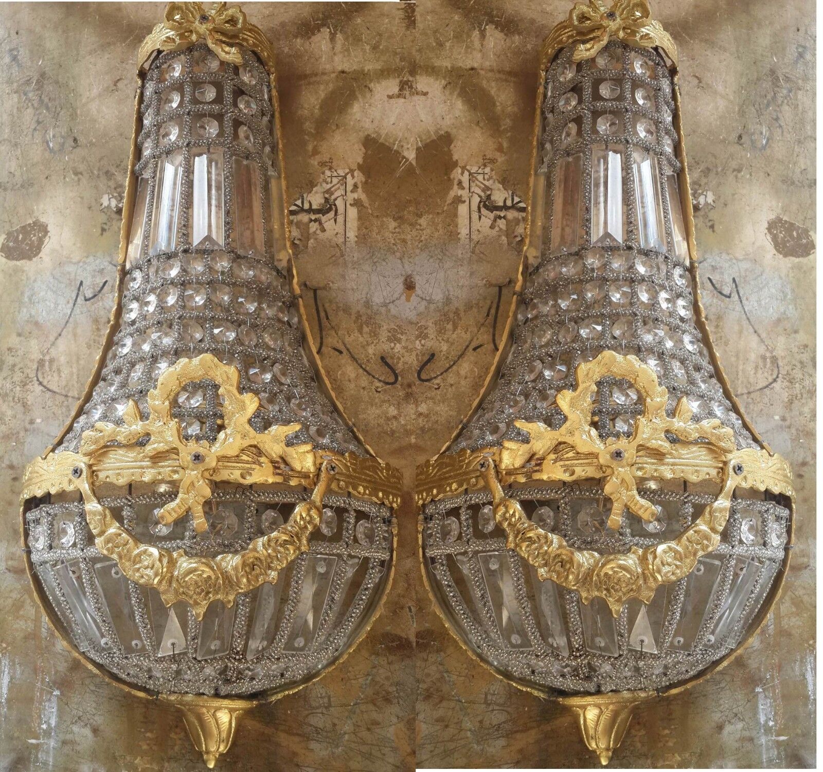 Pair Hand Beaded French Empire Sconces Crystal Brass Lights Clear Beads Lampwork