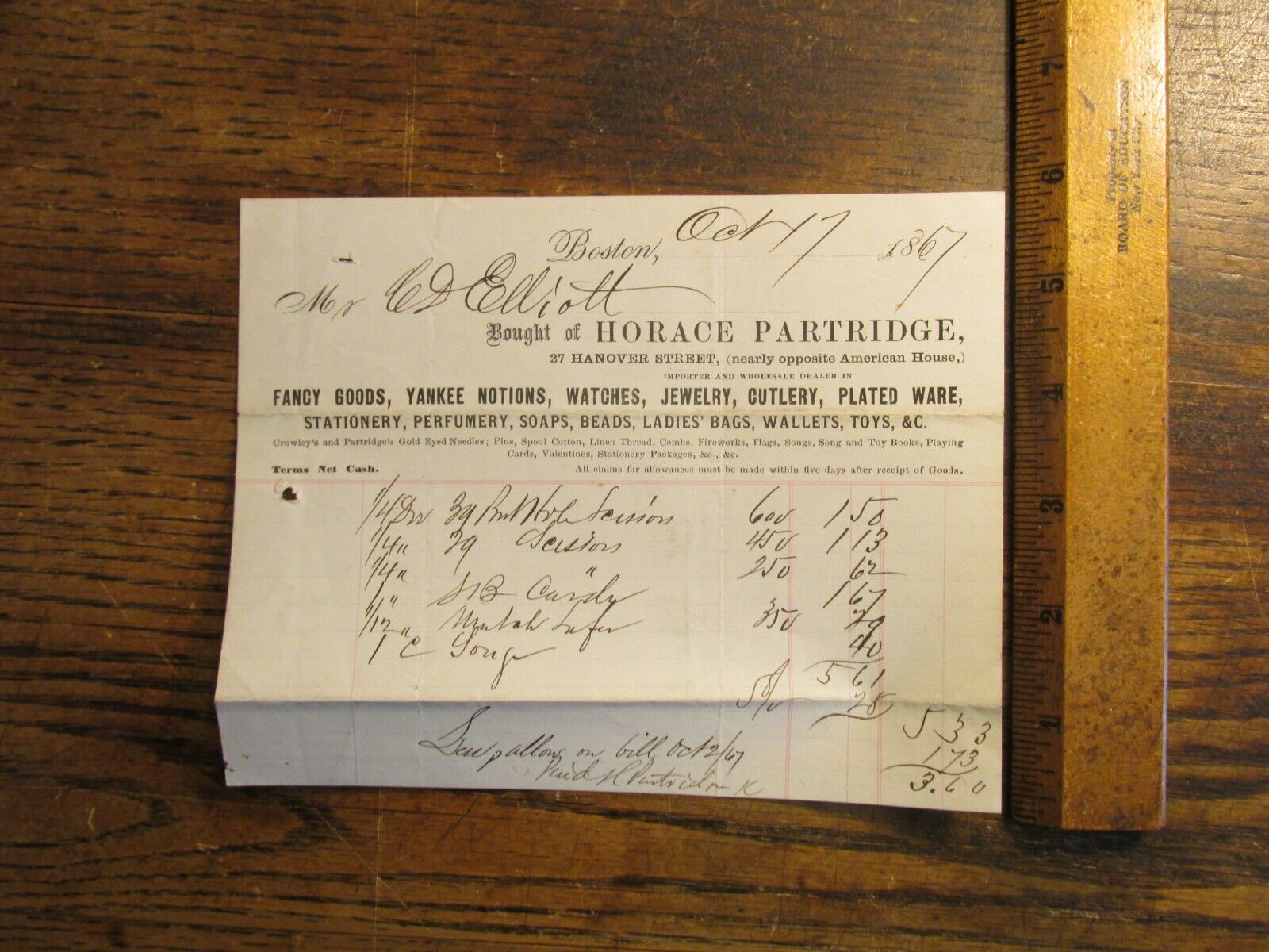 Antique Ephemera Billhead Document 1867 Boston Horace Partridge Fancy Goods
