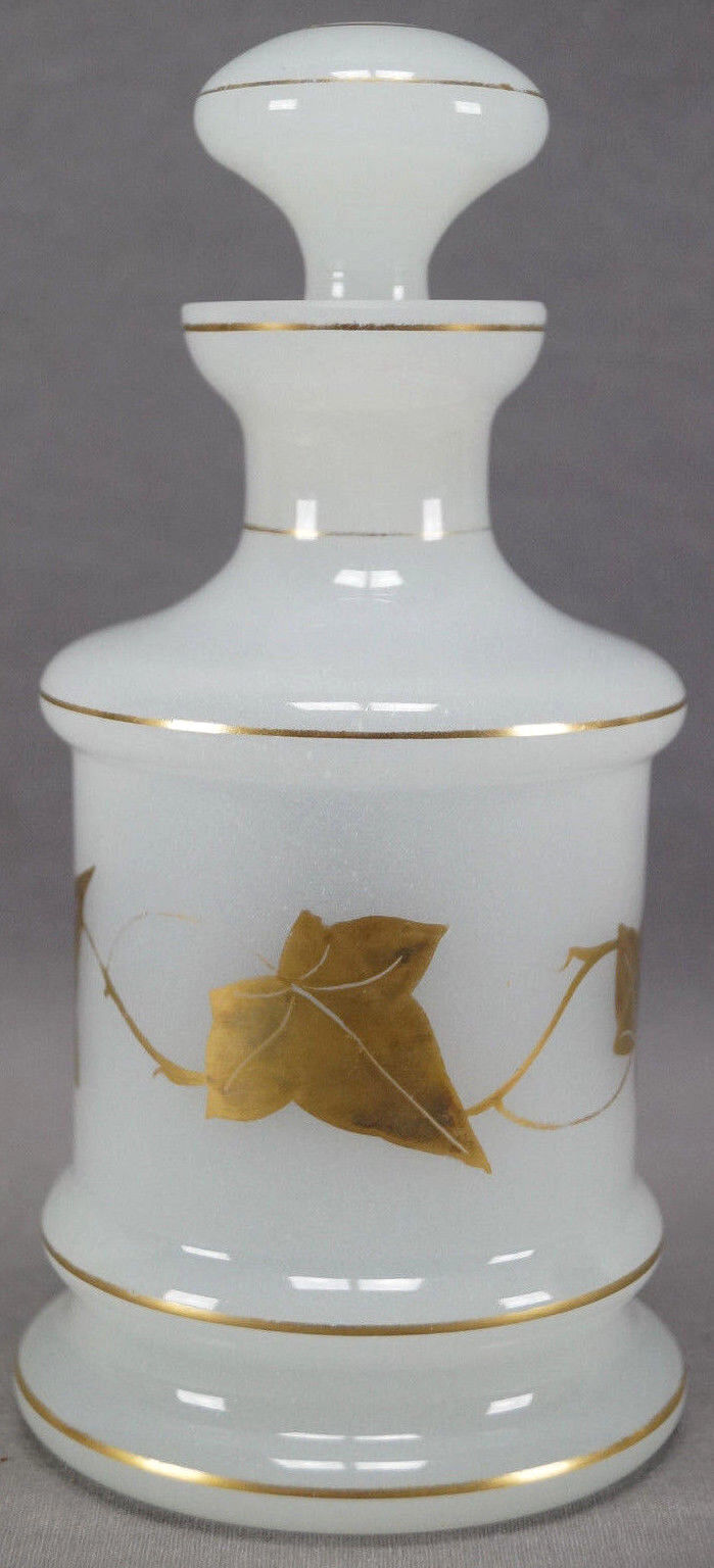Early 20th Century French White Opaline & Gold Ivy Vine Leaves Dresser Bottle