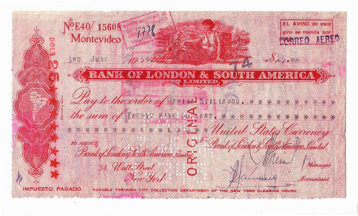 1954 Bank of London & South America-Check-Large Spectacular Piece 23.4 x 12.7 cm