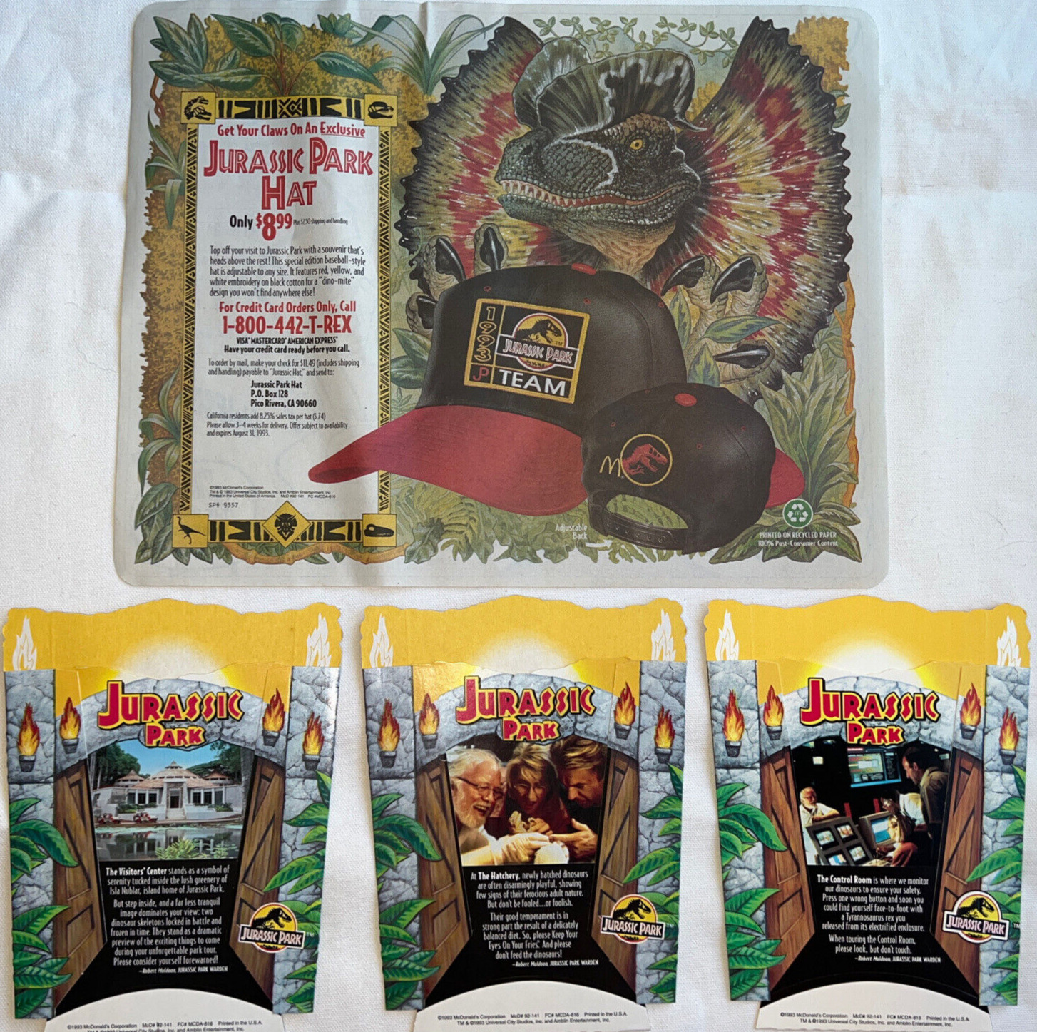JURASSIC PARK/McDonald’s Complete Set Of 3 Fry Boxes and Placemat - BRAND NEW