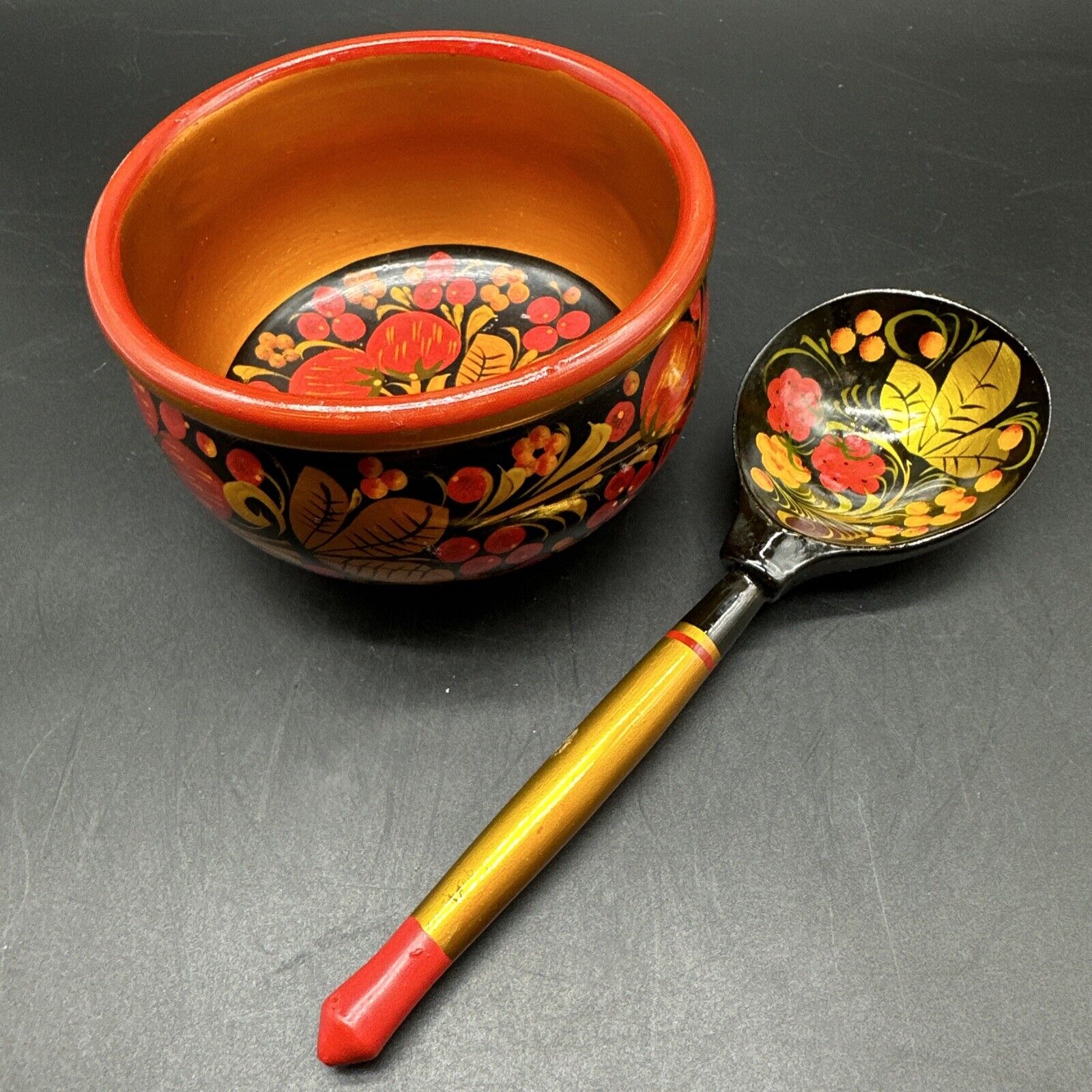 Vintage Khokhloma Russian Wood Hand Painted Spoon & Bowl  Black Folk Art Laquer