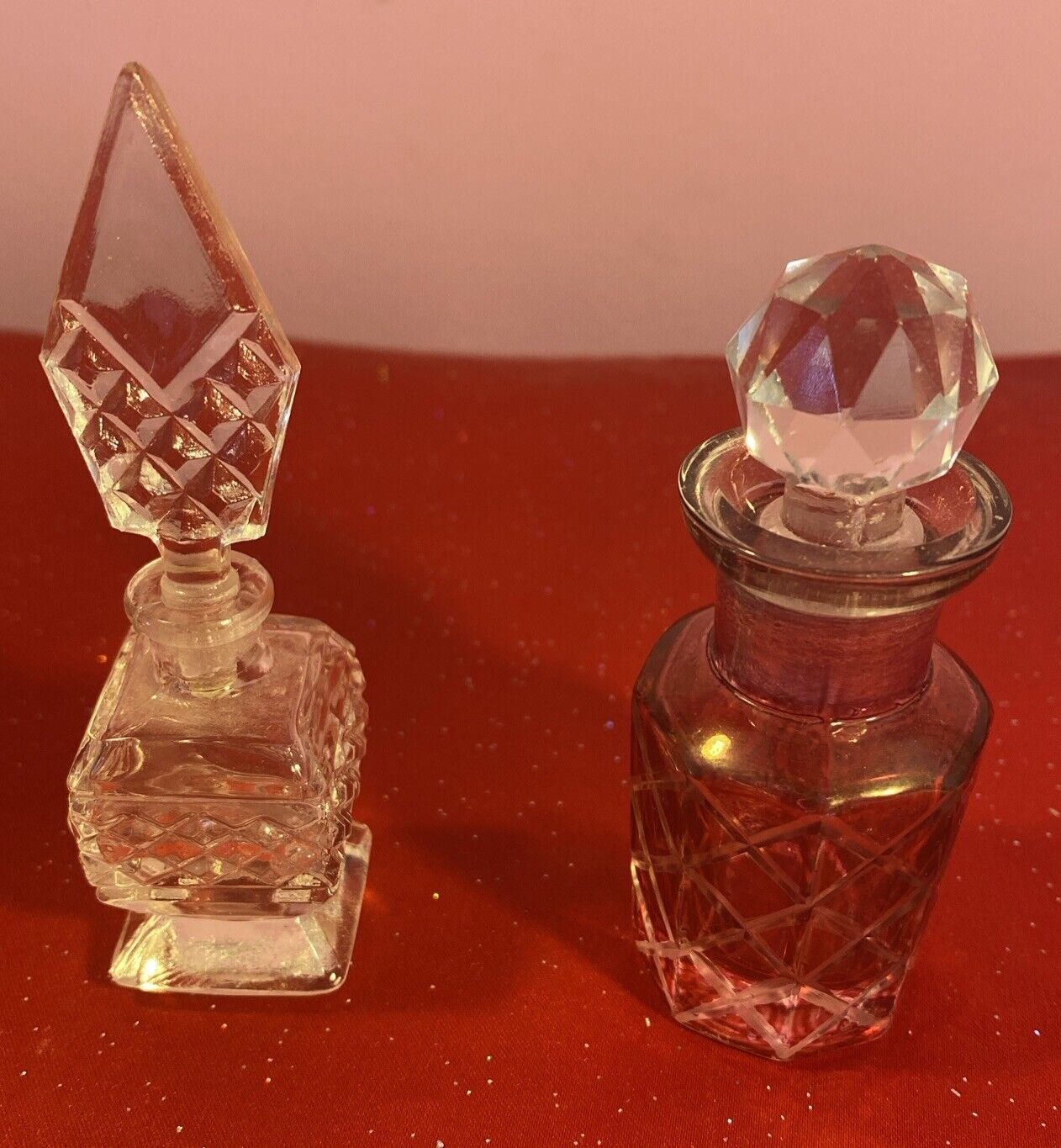 Vintage Art Glass Small Perfume Bottle Art Deco & Flash Cranberry Lattice W/tops