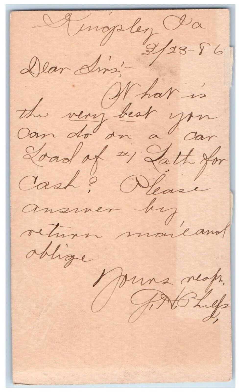 1886 Best of Car Load Kingsley Iowa IA Clinton IA Antique Postal Card