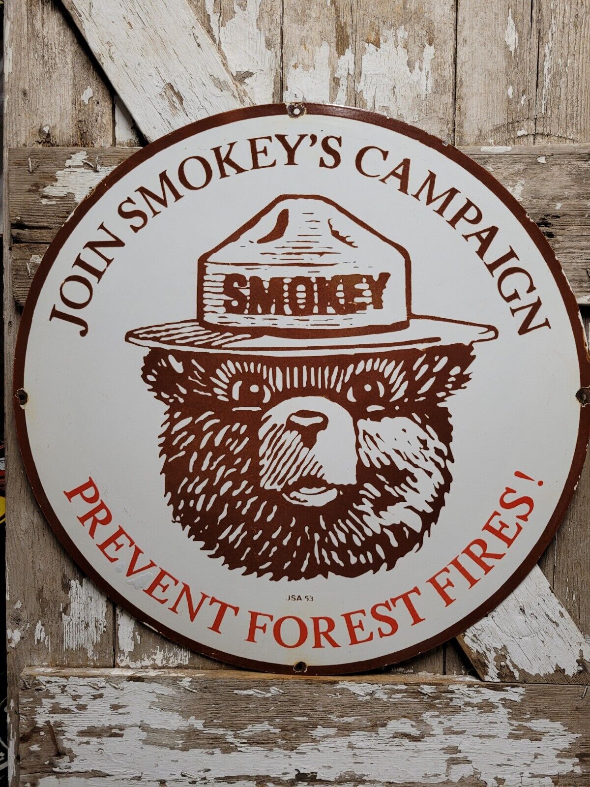 VINTAGE SMOKEY BEAR PORCELAIN SIGN 1953 PREVENT FIRES FOREST SERVICE PARK 30\