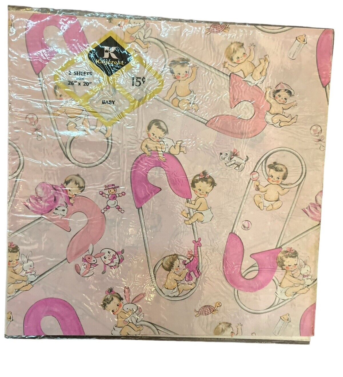Vintage Pink Baby Gift Wrap Kaycrest Diaper Pin 1950s Rare NOS Beautiful Girl