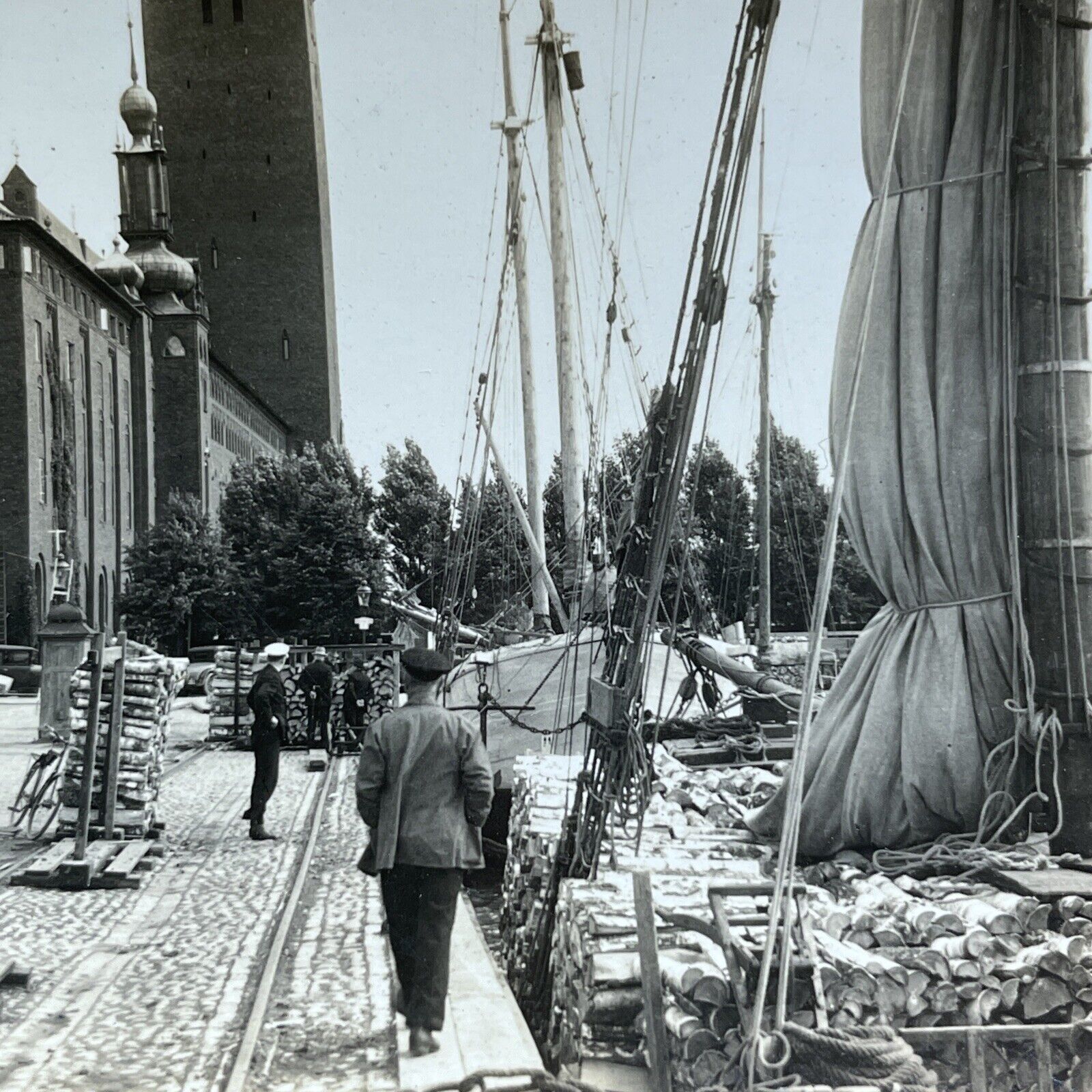 Antique 1924 Lumber At Ship Port Stockholm Sweden Stereoview Photo Card P1944