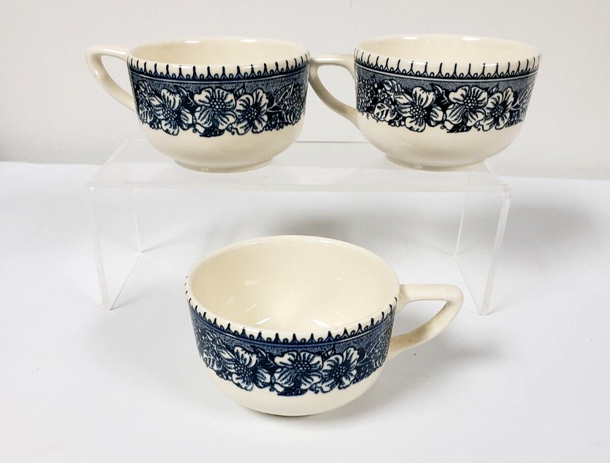 Royal China Currier & Ives blue dogwood Coffee Cups Lot of 3 floral 1950s