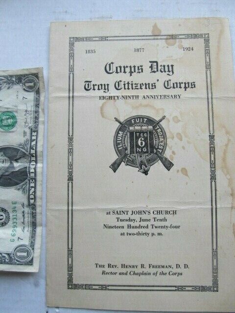 Rare Antique 1924 CORPS DAY Program, Troy New York, St Johns Church, Nat'l Guard