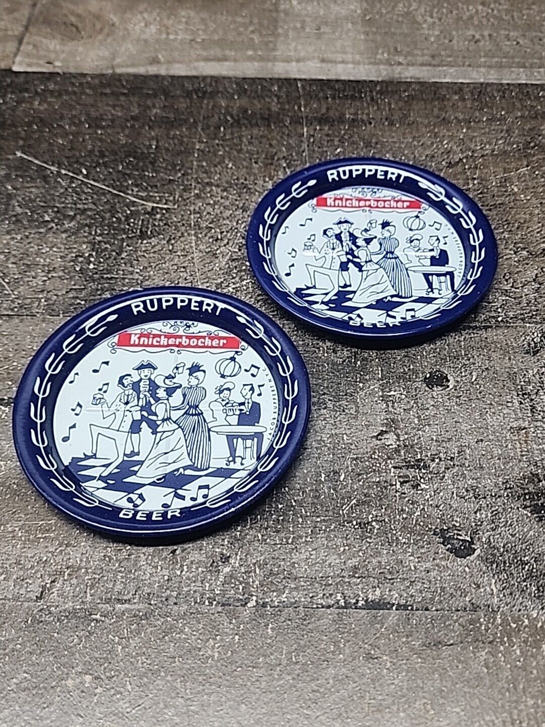 Ruppert Knickerbocker Beer Vintage Tin Coaster With Party  Graphics Set Of 2