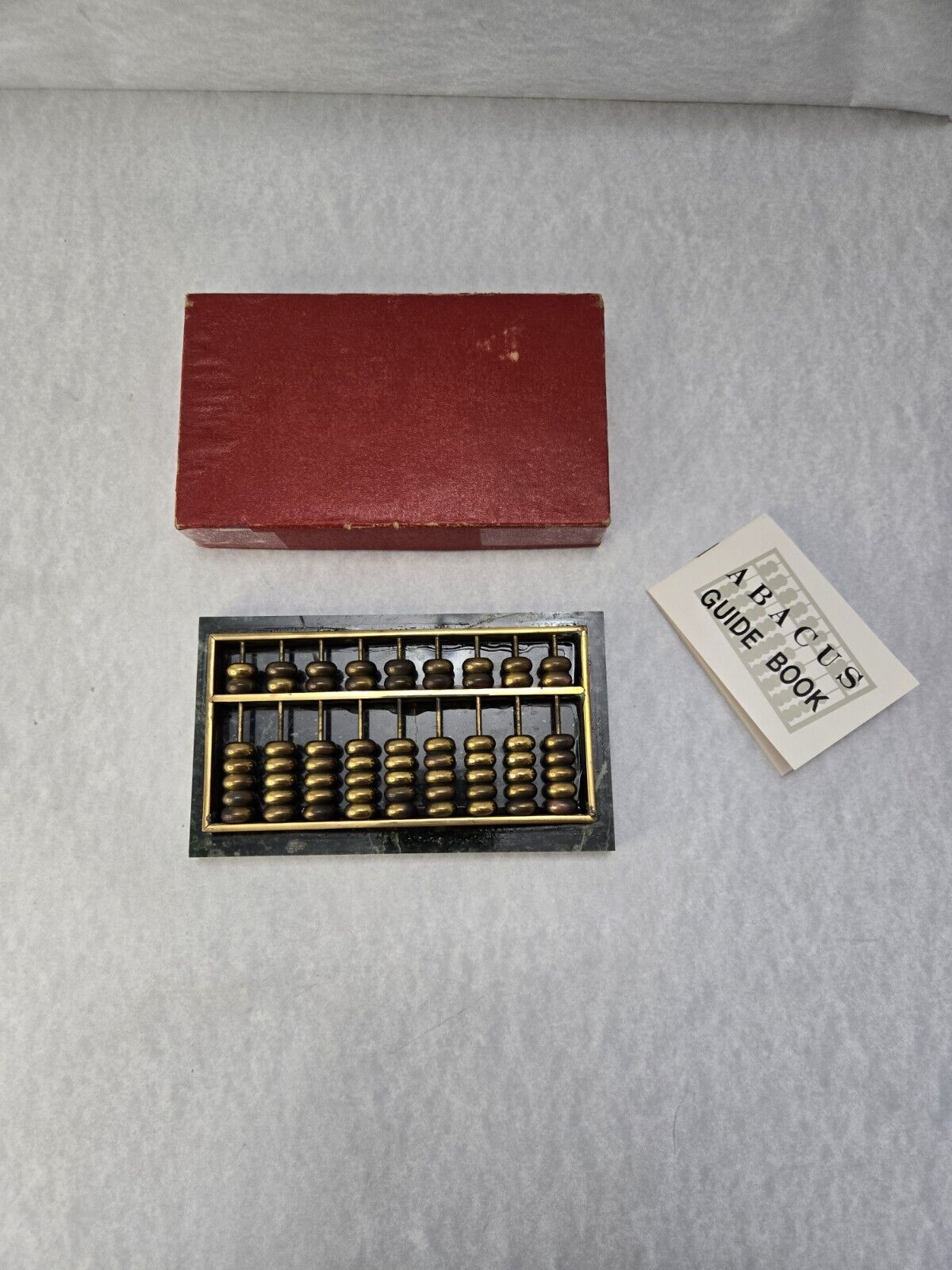 Vintage Mini Brass Abacus On Green Marble Base Chinese Calculator W/Instructions