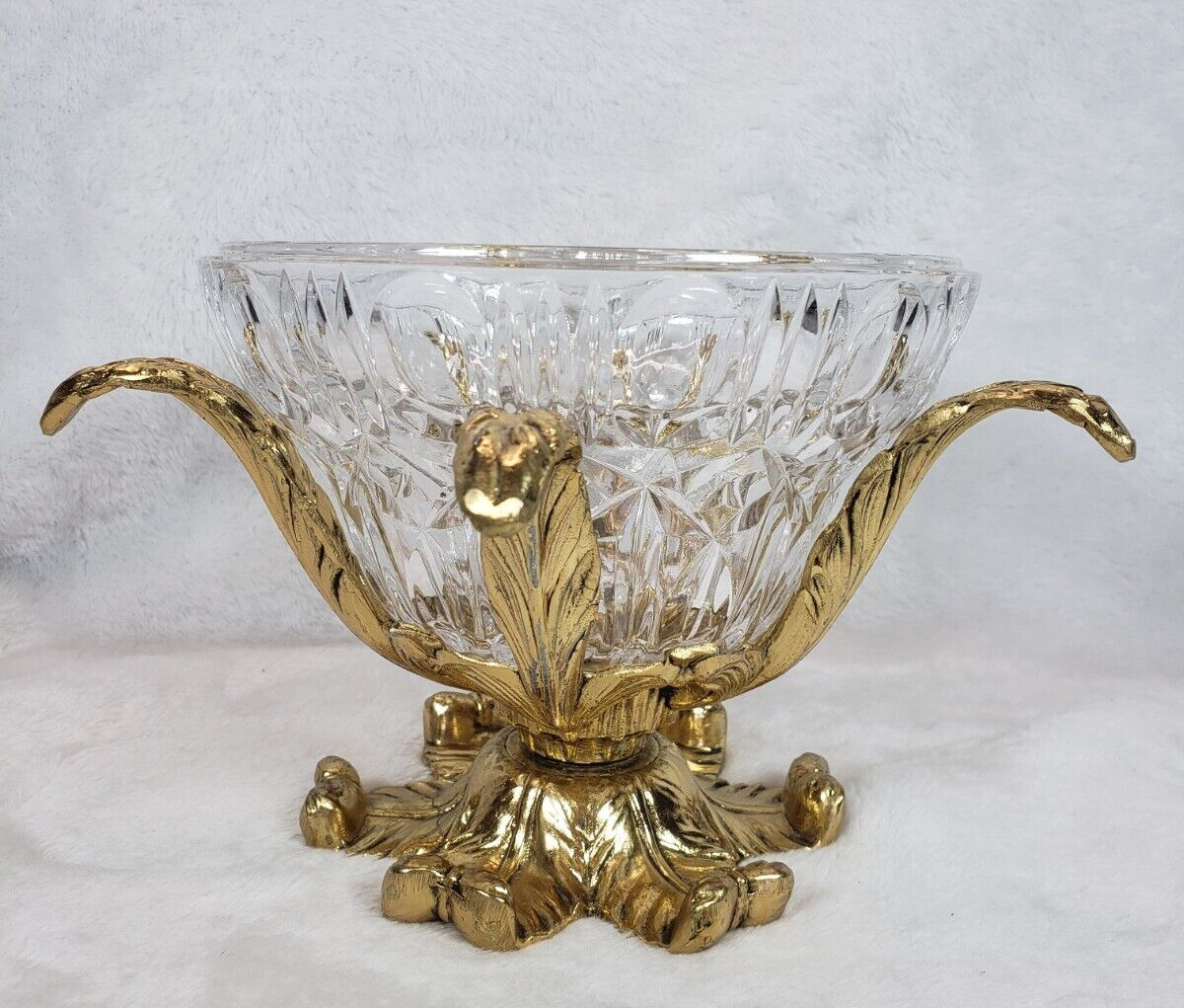 Vintage Hollywood Regency Cut Glass Brass Centerpiece Footed Pedestal Bowl