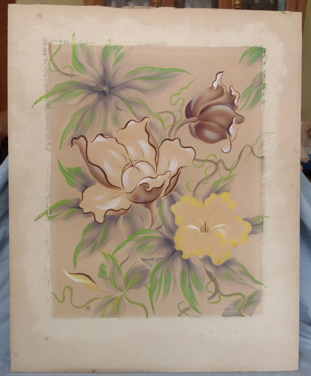 Original Frank Oda Hale Pua Hawaii Air Brush Flower Painting on Mat Board Signed
