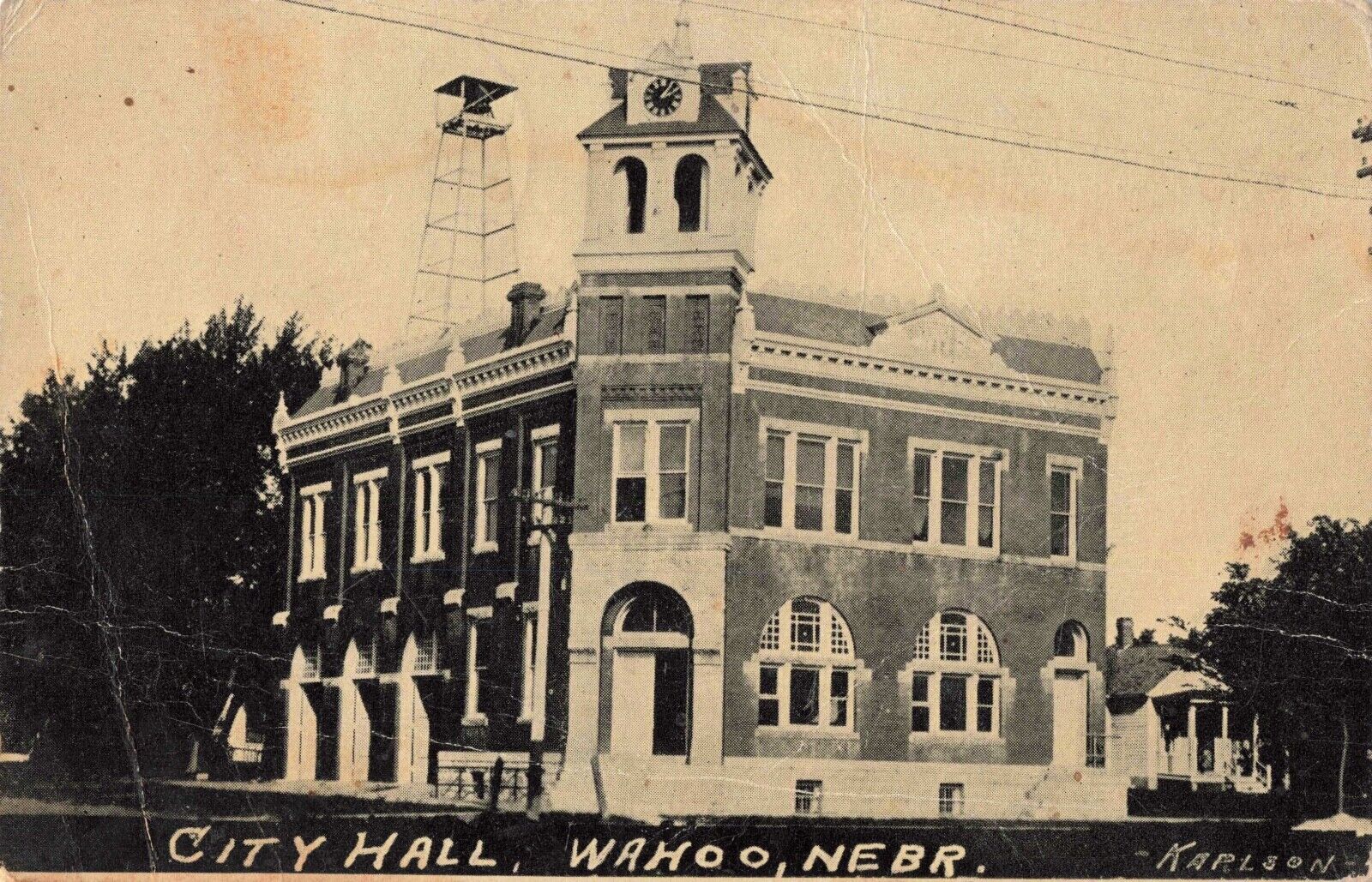 City Hall Wahoo Nebraska NE Karlson 1913 Postcard