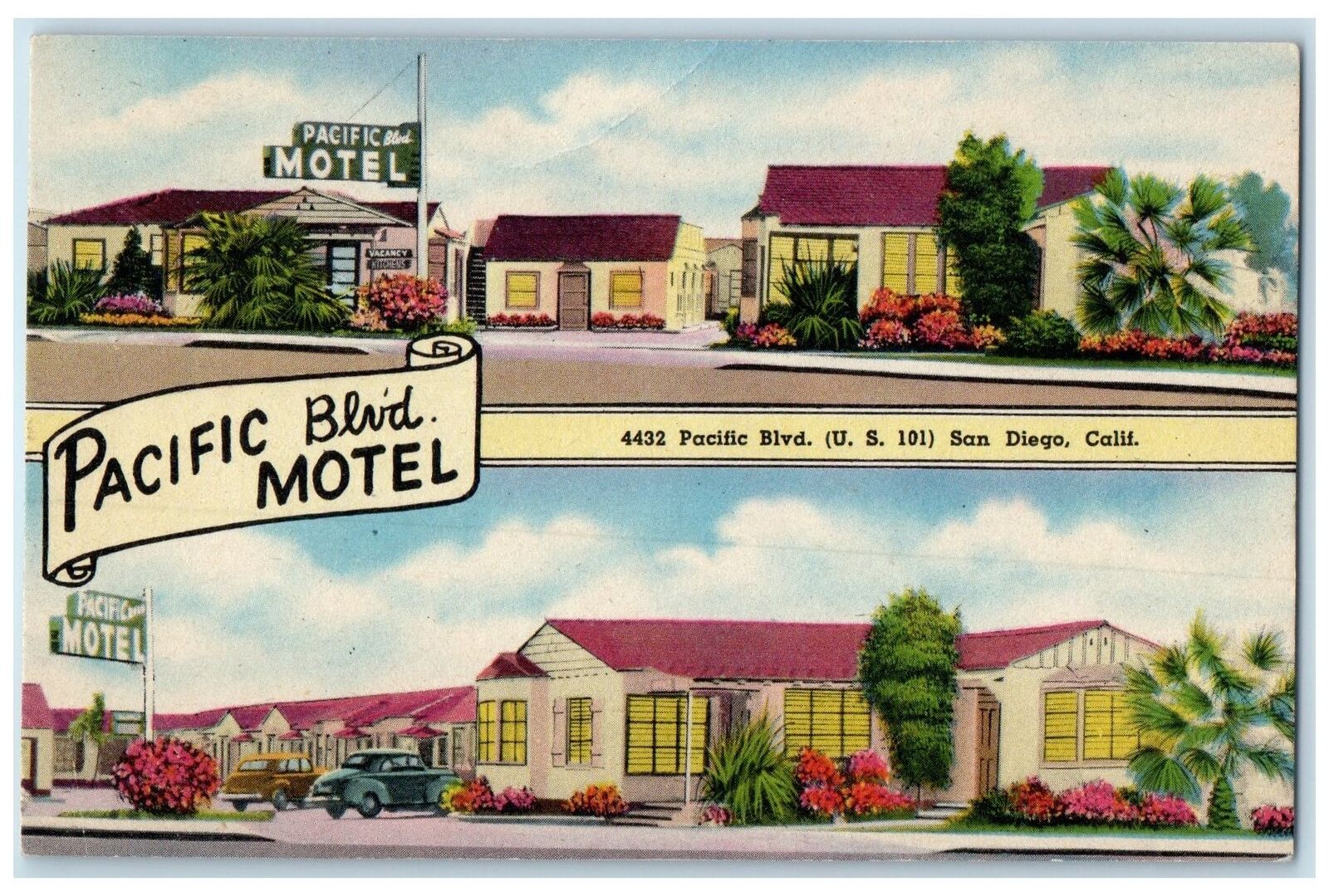 c1950 Pacific Boulevard Motel Restaurant Building San Diego California Postcard