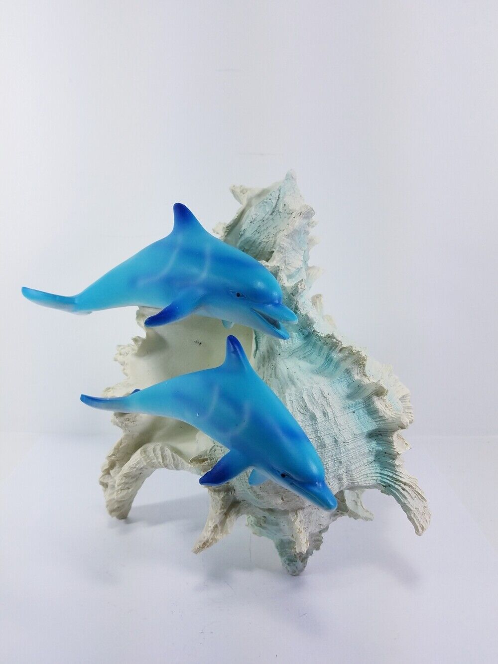 Marine Life Two Dolphins Swimming around Conch Shell Figurine Statue  / 90089