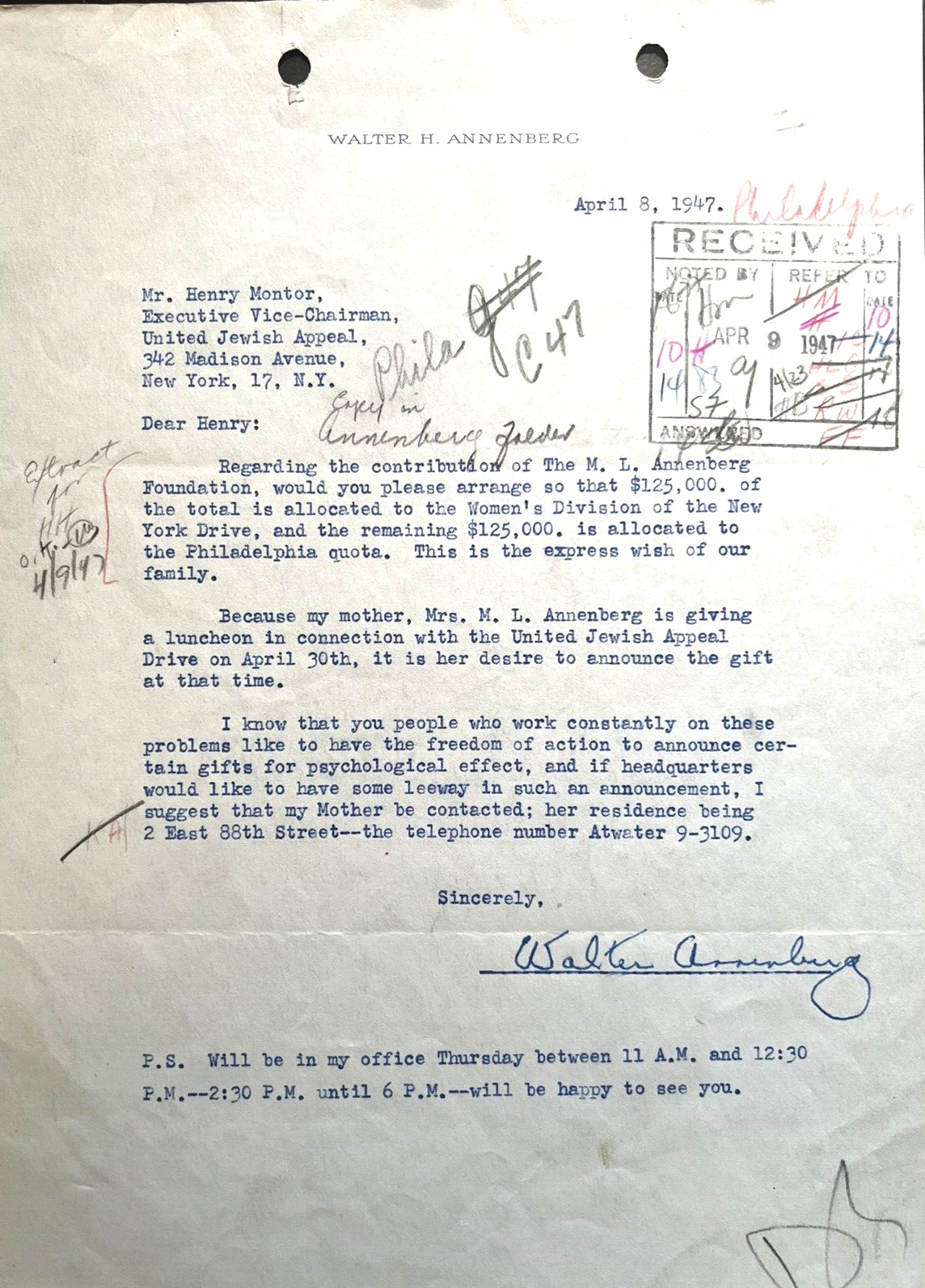 ISRAEL RELATED WALTER ANNENBERG SIGNED RARE 1947 LETTER TO UNITED JEWISH APPEAL