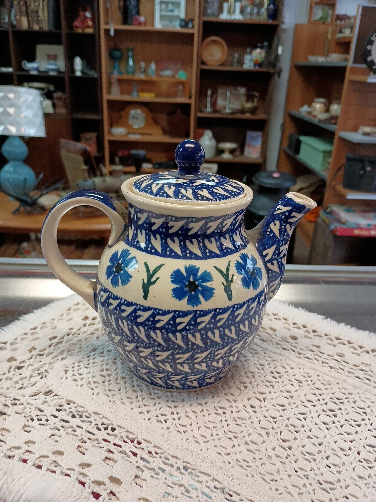 Polish Pottery Teapot Boleslawiec Handpainted Blue Floral