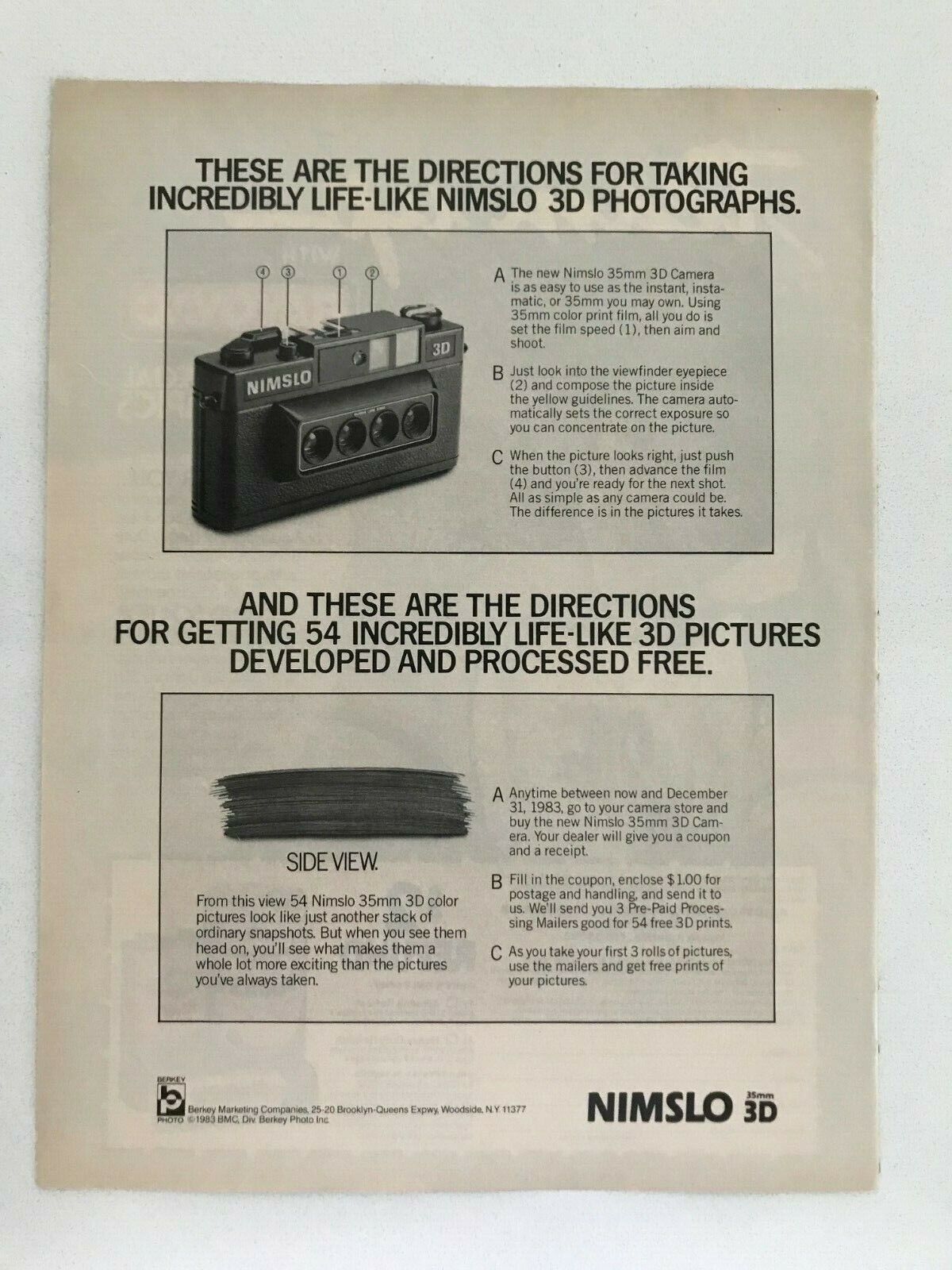 NIMSLO 35mm 3D Camera Vintage 1983 Print Ad