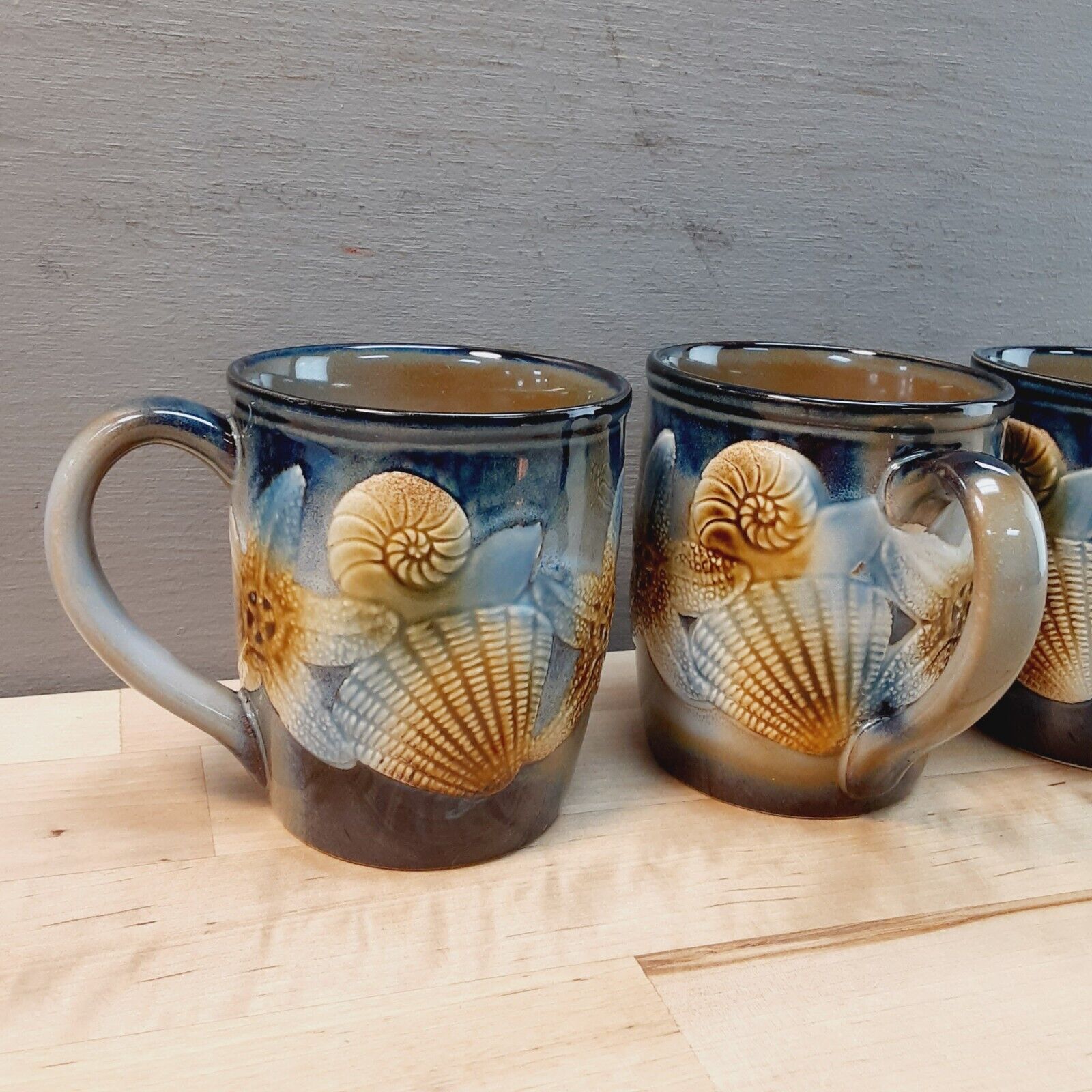 Seashell Embossed 1990s Stoneware 12oz Coffee Mugs Ocean Sea Beach -- Set Of 3