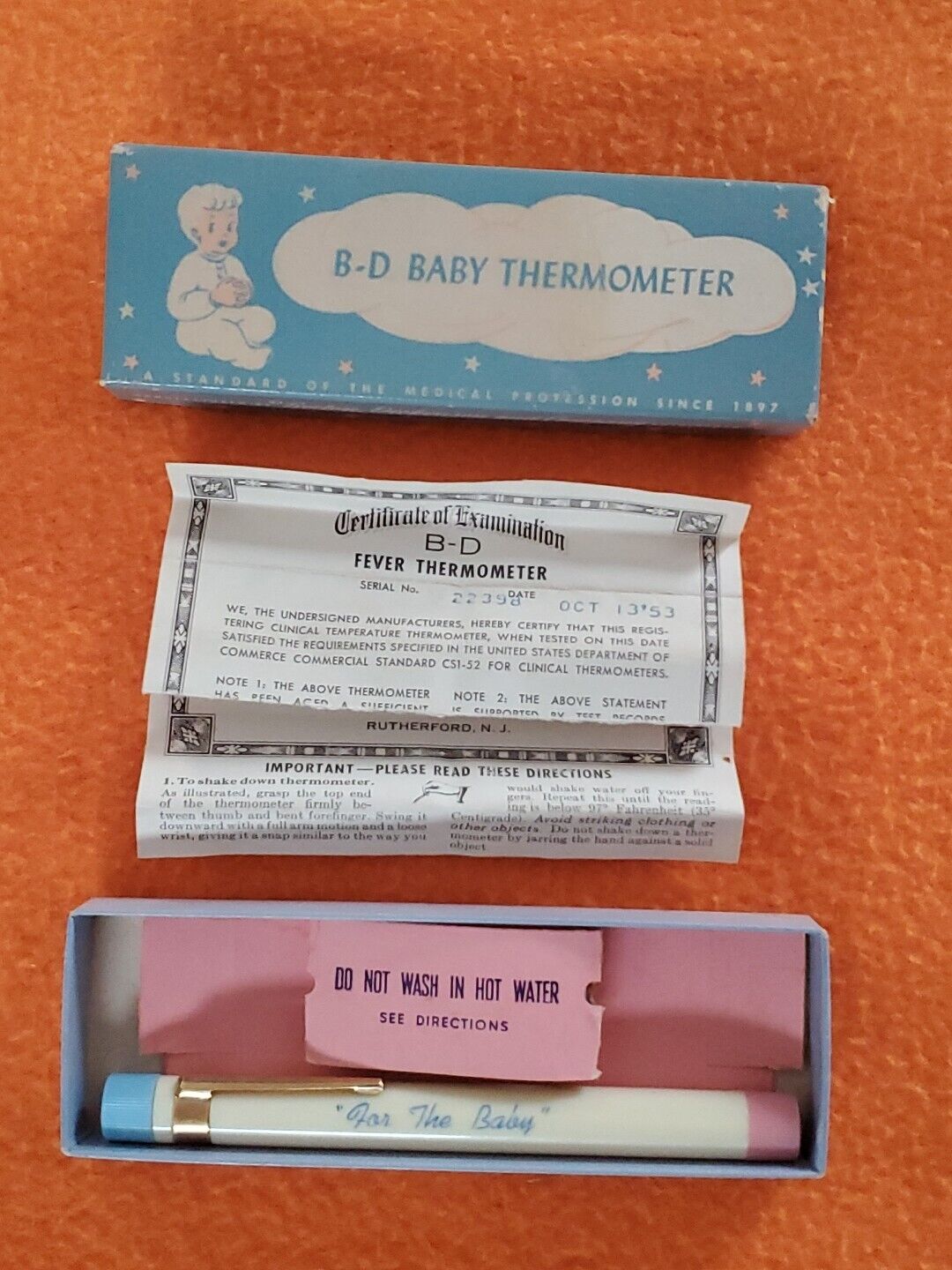 Vintage B-D Glass Baby Thermometer with Box & Holder & Certificate USA 1953