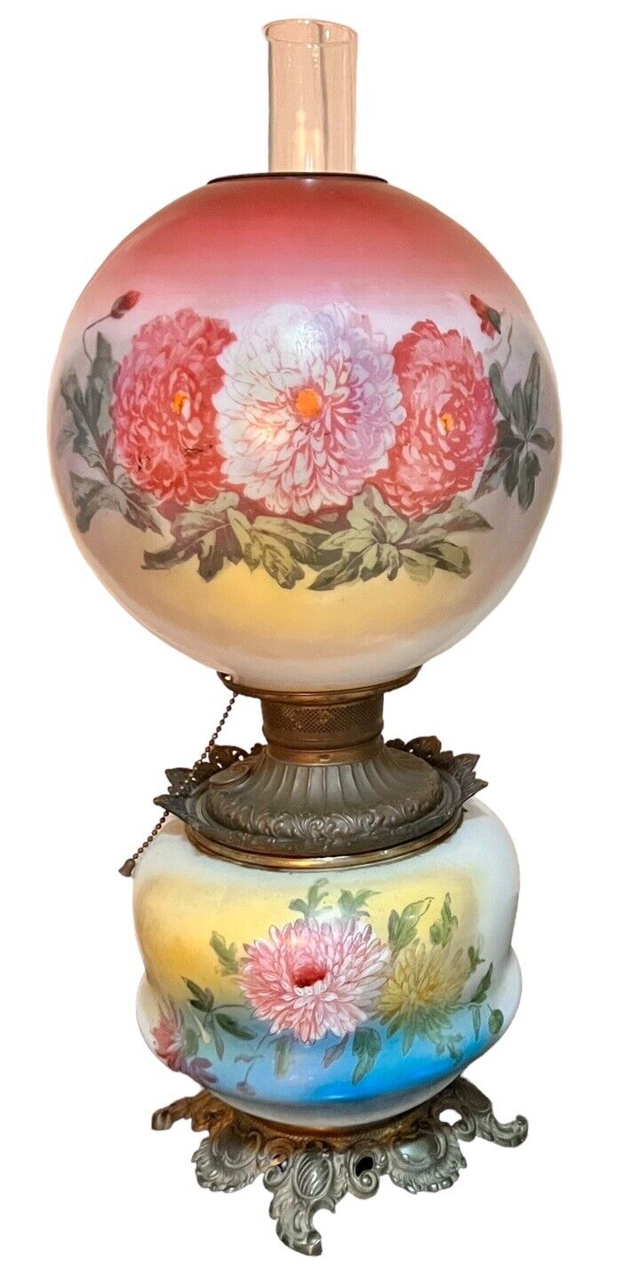 Antique 1890s American Lamp Gone With The Wind Electrified Oil Lamp with Flowers