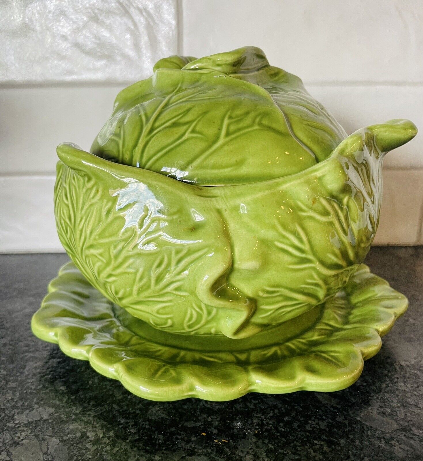 Vintage Holland Mold Green Cabbage Serving Bowl W/Lid & Plate USA 1973