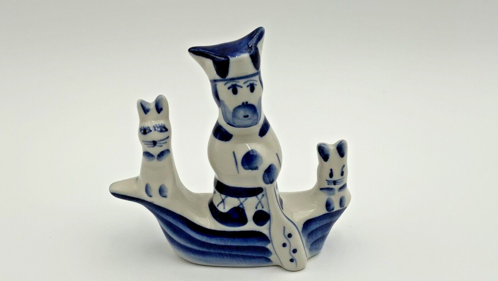 VTG GZHEL RUSSIAN Porcelain Blue &White Grandfather Mazai and Hares in Boat