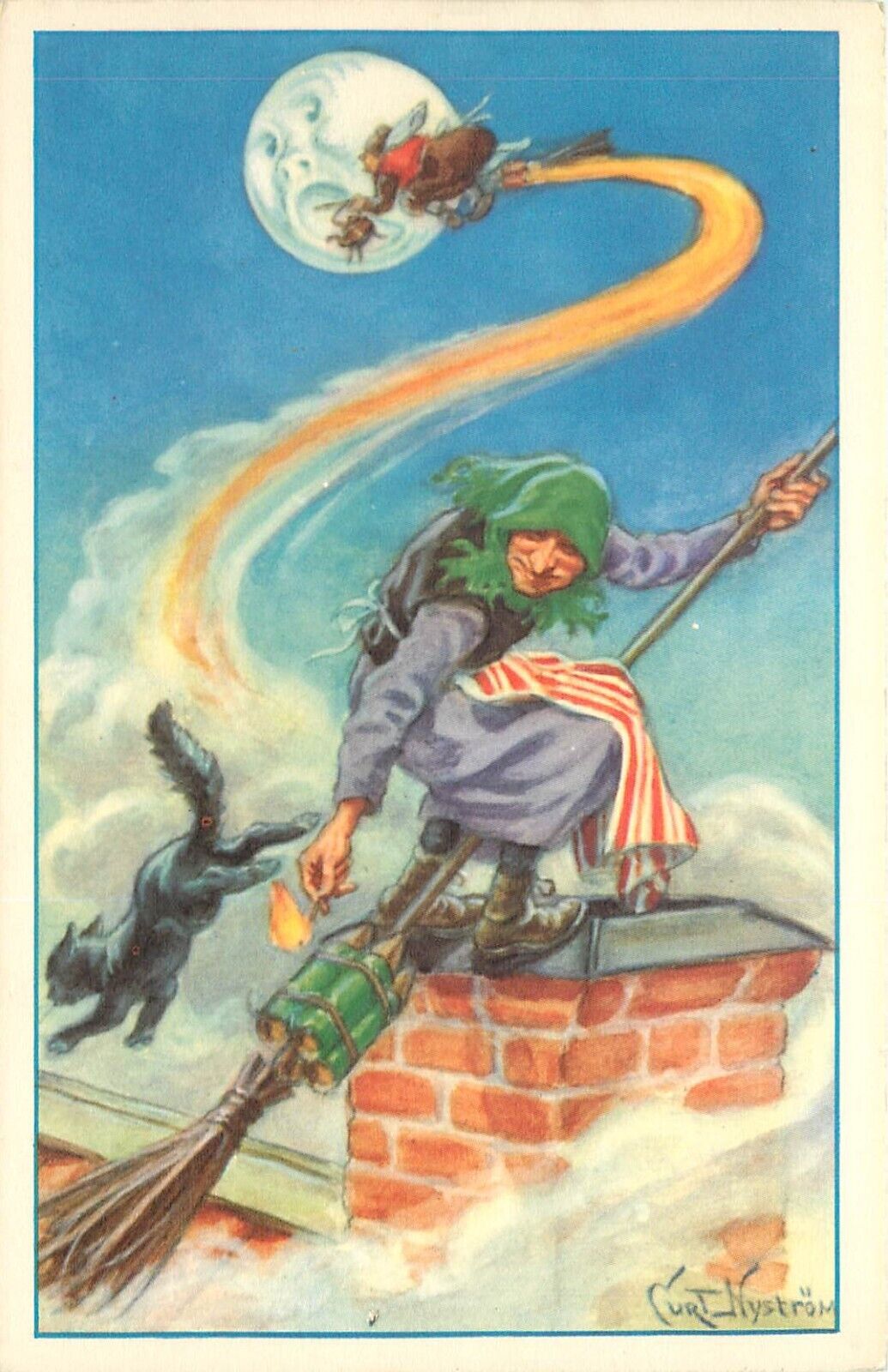 Curt Nystrom Swedish Postcard Easter Witch Lights Rocket Broom, Man in Moon, Cat
