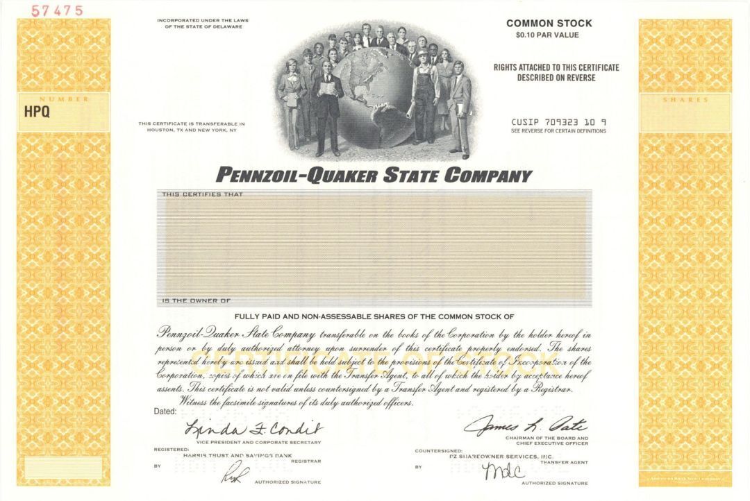 Penzoil-Quaker State Co. - 1998 dated Specimen Stock Certificate - Specimen Stoc
