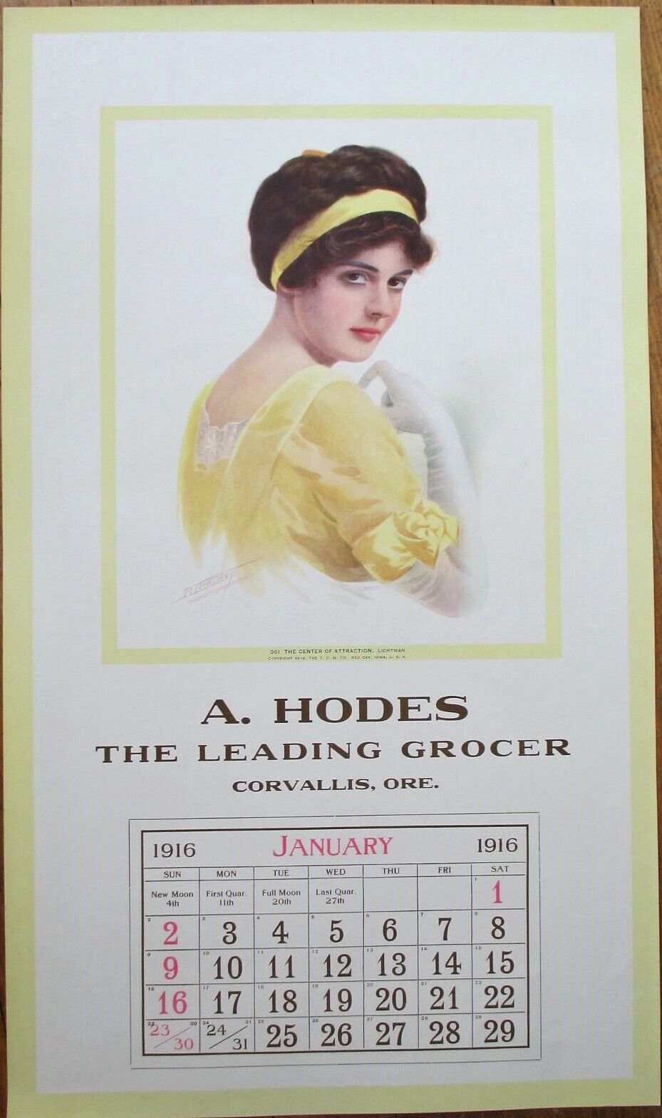 Corvallis, OR 1916 Advertising Calendar/12x21 Poster: Grocery w/Beautiful Woman