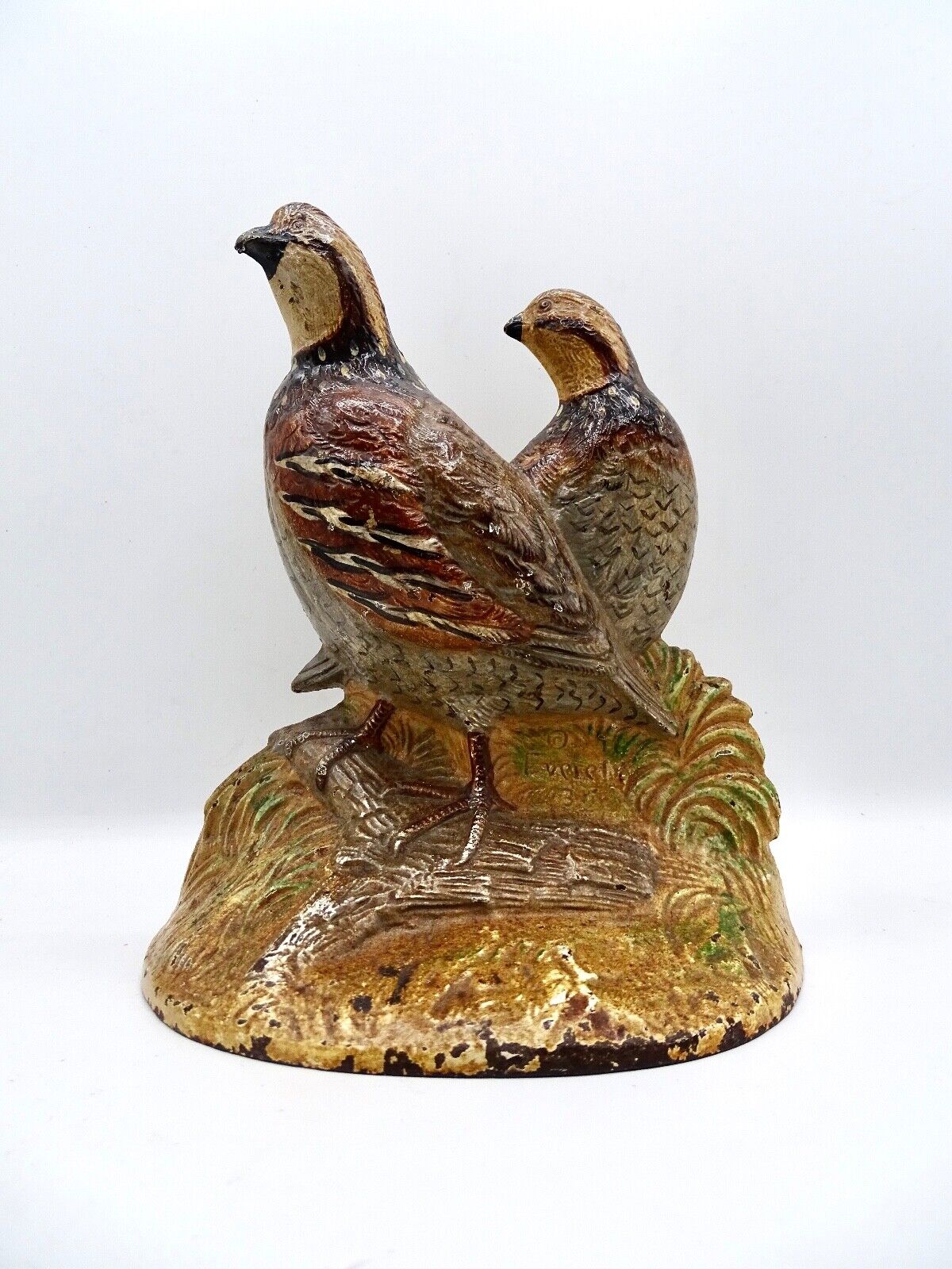 ANTQUE QUAIL CAST IRON DOORSTOP SIGNED BY FRED EVERETT  1934 HUBLEY PA