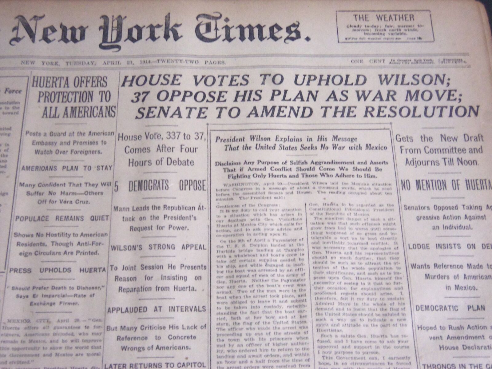 1914 APRIL 21 NEW YORK TIMES - HOUSE VOTES TO UPHOLD WILSON - NT 6650